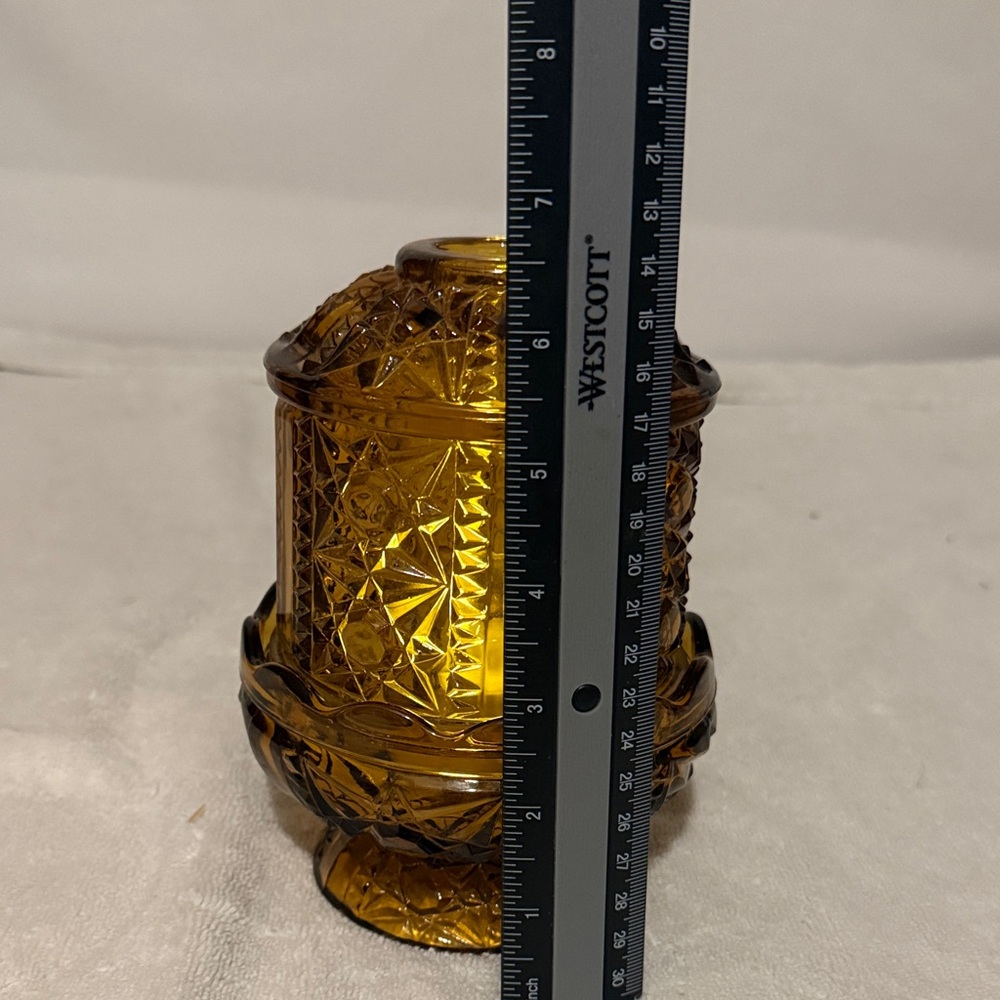 Indiana Glass Fairy Lamp Amber Stars and Bars Vintage Candle Holder - Picture 3 of 4